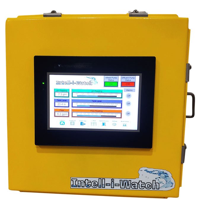 Intell-i-Watch IW-888 monitoring system in a yellow enclosure with touchscreen